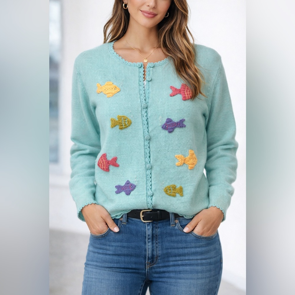 Shenanigans NWT Vintage Fish Under the Sea Nautical Cardigan/Large - Picture 14 of 14